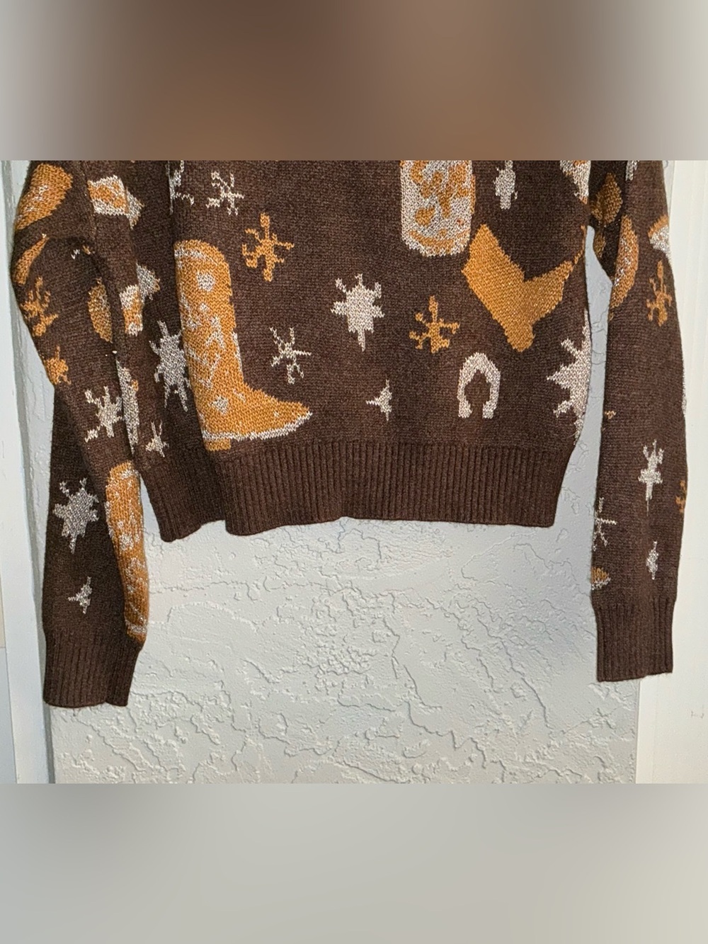Aqua Blues Brown, Mustard & Cream Western Graphic Crewneck Sweater - Picture 6 of 8